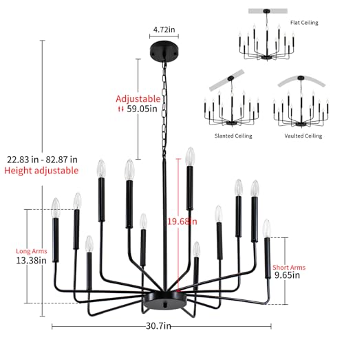 Black Chandelier, 12-Light Farmhouse Chandeliers for Dining Room, Classic Candle Ceiling Pendant Light Fixture for Living Room, Foyer, Kitchen Island, Bedroom, Entryway