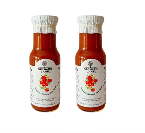 Image of Orchard Lane Organic Tomato Ketchup | Certified Organic, No Preservatives, No Refined Sugar | Less Sweet, Low Calorie, Non Fattening | Healthy Ketchup for Kids & Adults | Glass Bottle | 230g x 2 Pack