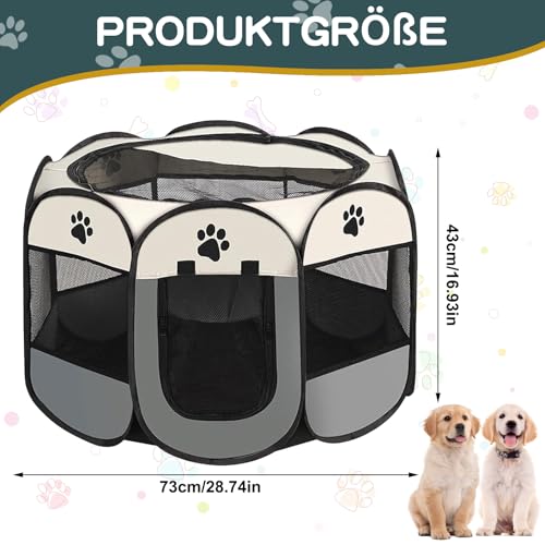 Welpenauslauf Faltbare Hundebox - 74x74x43cm Welpenlaufstall Faltbare hundezelt Katzengehege für Drinnen Outdoor Hundekäfig Kaninchen Laufstall Katze Hund Katzenzelt Kleintiergehege (Grau)