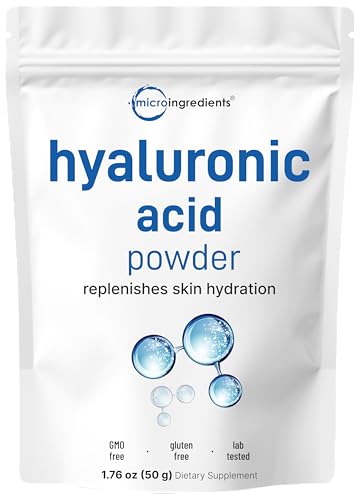 Micro Ingredients Hyaluronic Acid Serum Powder, 50 Grams | Low Molecular Weight, Cosmetics Grade | Skin Hydration and Moisture Support Supplements | Vegan, Water Soluble (Within 2 Hours)