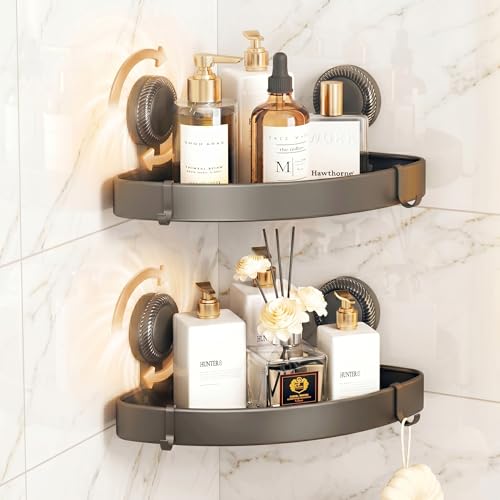 2 Pack Corner Shower Caddy, No Drill Aluminum Suction Cup Shelves | Rustproof triangle shelves use suction cups for no-drill, damage-free storage of shampoo and shower essentials