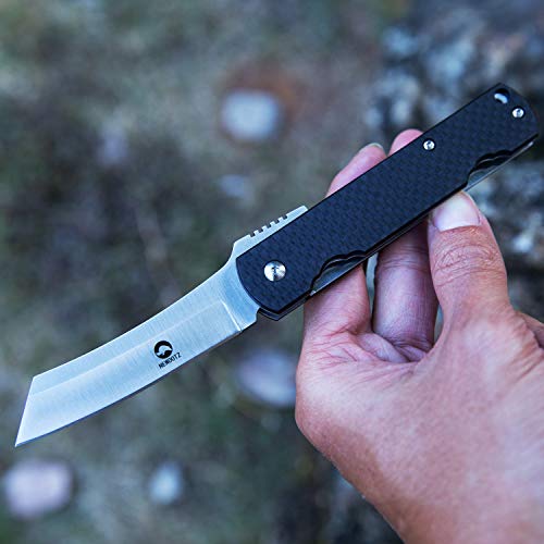 NEWOOTZ Handmade Higonokami Razor Folding Pocket Knife with Clip and Sheath,3in D2 Steel Blade,Carbon Fiber Liner Lock Handle EDC Knives for Men