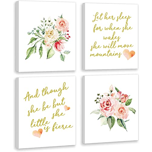 Image of LHIUEM Baby Nursery Decor Floral Canvas Prints Set of 4pcs(8”X10”) Motivational Wall Art for Girl Pink Rose Framed Wall Decor Beauty Flowers Canvas Quotes for Bedroom Classroom Living Room Play Room