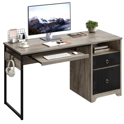 Image of Bestier 55Inch Modern Fluted Desk with Drawers & Keyboard Tray, Grey | 55 X 22 In Work Surface, File Drawer, Reversible Pedestal, Fluted Panels And Keyboard Tray For Home Office Storage.
