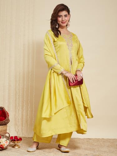 Image of MOKOSH Women's Silk Embroidery Anarkali Kurta Pant with Dupatta | Anarkali Kurta Set | Round Neck Full Sleeve Ethnic Suit | Indian Kurta Outfit with Pant | 3 Piece Outfit
