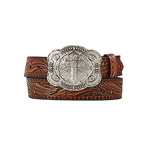 Women's Leather Belt with Embossed Feather Design and Antique Silver Buckle