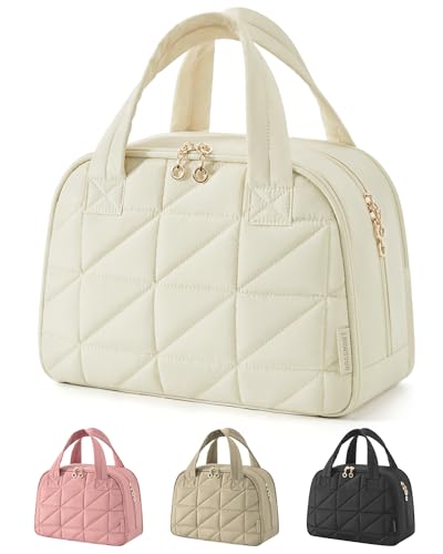 BAGSMART Travel Toiletry Bag, Large Wide-open Travel Bag for Toiletries, Puffy Makeup Cosmetic Travel Bag with Handle-Beige