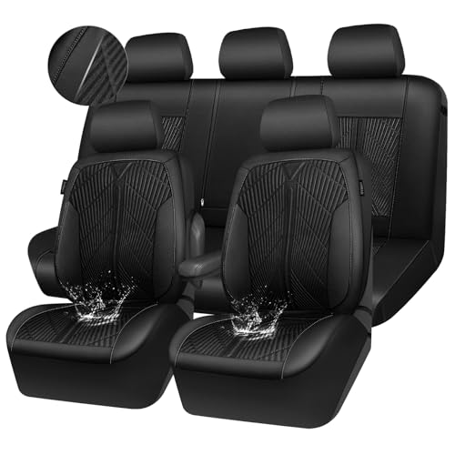 Image of CAR PASS Oxford Leather Car Seat Covers Full Set,All-Weather Non-Slip Durable, Universal Fit for SUVs Sedans Trucks Vans Automotive,Armrest Airbag Compatible,Emboss 5 Black