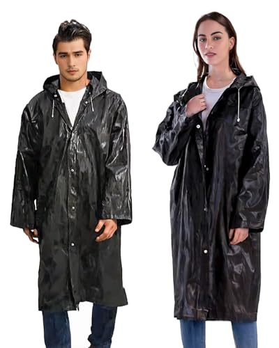 Lista de Impermiable favoritos de las personas. 50 LNJLVI Poncho de Lluvia 2 PACK Reutilizable EVA Ponchos Impermeables Chaquetas Hombre y Mujer Viajes Camping Excursionismo Capa Lluvia.(Negro-2 Pack,)