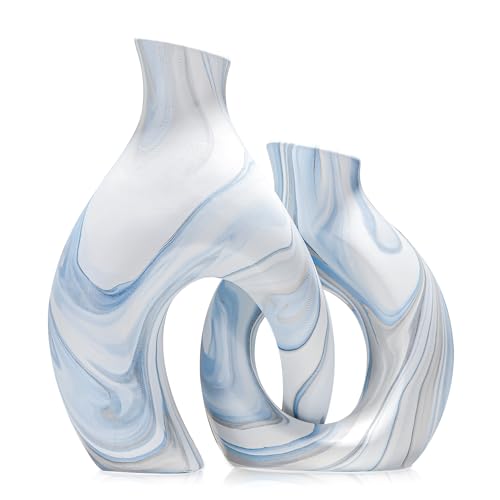 Blue Vases Set of 2, Modern Coastal Vase for Flowers,