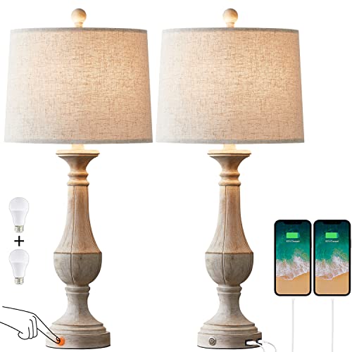 Pokat Farmhouse 3 Way Dimmable Touch Table Lamp Sets Of 2 Rustic Classic Bedside Nightstand Lamps For Living Room Bedroom With 2 Usb Ports Washed White (2 Bulbs Included) #TOP2