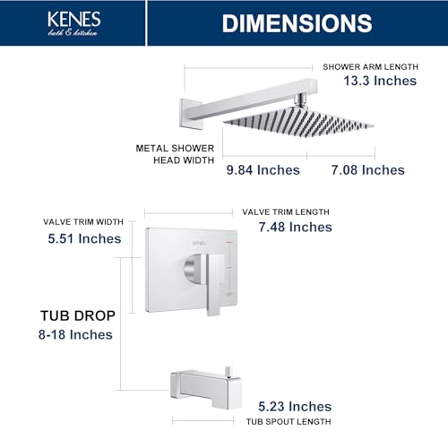 Image of KENES Chrome Shower Set with Tub Faucet, Square Tub Shower Faucet Set