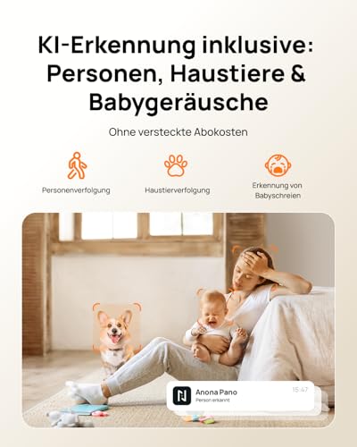 Anona Pano 4K Innenüberwachungskamera mit 360° Auto-Tracking & Wi-Fi 6, Indoor Kamera mit Personen-, Haustier-, Babyweinen-Erkennung, 2-Wege-Audio, Datenschutzmodus | Alexa-kompatibel, 1er-Pack