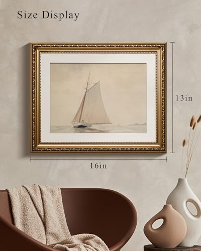 Viyyiea Gold Framed Wall Art Canvas Print Home Decor For Living Room White Sailboat Seascape Watercolor Vintage Beach Painting On Canvas thumb #2