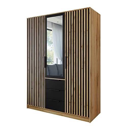 Mirjan24 Drehtürenschrank Bado Lux 3D, Kleiderschrank mit 3 Schubladen und Spiegel, Elegantes Schlafzimmer Schrank mit Spiegeltüren, Jugendzimmer (Eiche Wotan/Schwarz + Eiche Wotan)