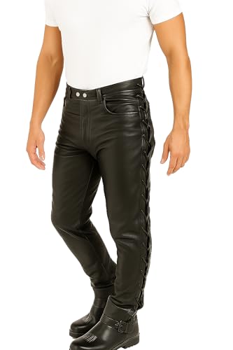 Men's Stylish Slim Fit Side Lace up Pants Biker Trouser - Motorcycle Black Leather Outerwear