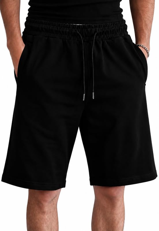 Image of Men's Solid Cotton Lounge Shorts | Premium Soft Breathable Casual Shorts with Elastic Drawstring Waist | Regular Fit Above Knee for Home, Gym & Travel