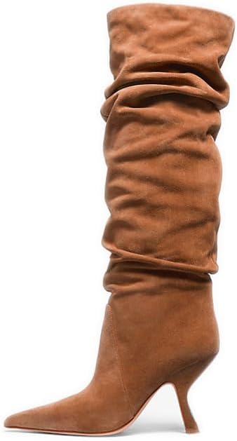 Erocalli Knee High Boots for Women Wide Calf Slouchy Tall Boot Kitten High Pointed Toe Side Zipper Winter Fashion