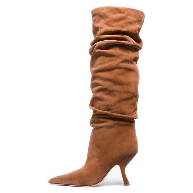 Erocalli Knee High Boots for Women Wide Calf Slouchy Tall Boot Kitten High Pointed Toe Side Zipper Winter