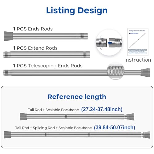 Image of Tension Rods for Windows 28 to 48 Inch 2Pack Silver Tension Curtain Rods No Drilling Expandable Pressure Curtain Rod Adjustable Tension Rods for Windows,Closet,Doorway