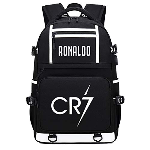 Soccer Player Star Ronaldo Multifunction Luminous Backpack CR7 Travel Student Backpack Football Club Fans Bookbag (Black Style 1)