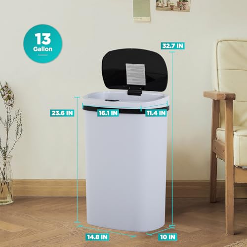 Image of BestOffice | 13 Gallon Plastic Trash Can with Lid | White | Automatic Touchless Garbage Can | Odor Control | Modern Oval Design | Easy to Clean | For Kitchen, Bathroom, Office or Home