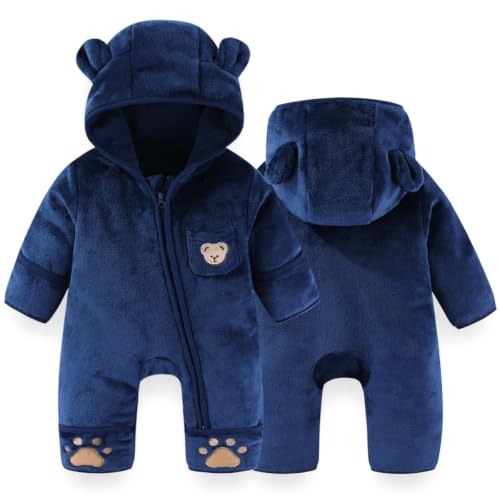 Image of Fairy Baby Newborn Baby Bear Outfit With Fold-Over Mittens Footies Thin Fleece Romper Hooded Jumpsuit Winter Coat Girls Boys