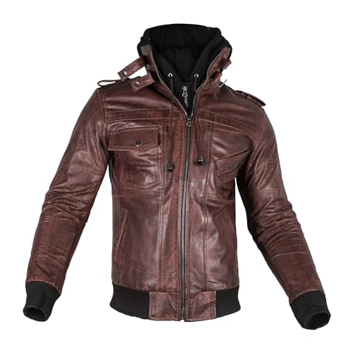 Image of Hooded Leather Jacket For Men | Bomber Leather Jacket Mens with Removable Hood