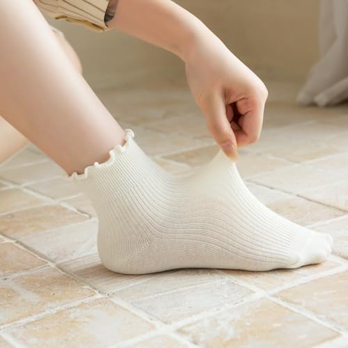 Womens Ruffle Socks, 6 Pairs White Lettuce Edge Turn-Cuff Cotton Frilly Ankle Crew Boot Socks3