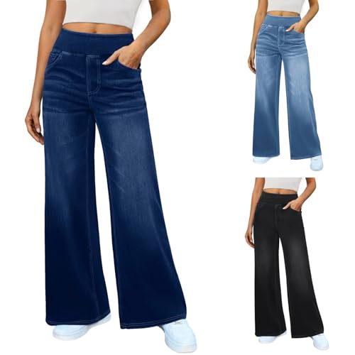 Wide Leg Jeans Woman | High Waisted Stretchy Baggy Jean, Elastic Waist Pull On Sweatpant, Long Straight Denim Pants