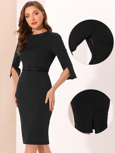 Allegra K Office Sheath Dress for Women's Mock Neck 3/4 Sleeves Pencil Dresses2
