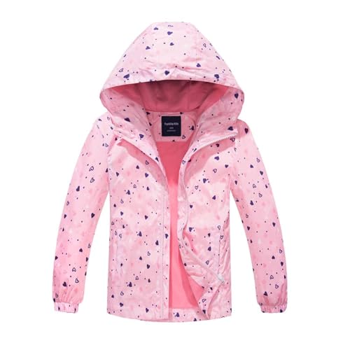 BuyiRen Wasserdichte Regenjacke für Mädchen mit Kapuze leichter Baumwollfutter Regenmäntel für Kinder 412 Jahre rosa herzen 7-8 Years