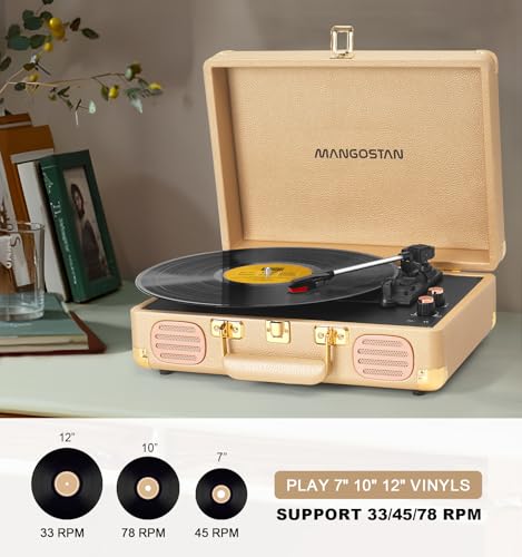 Image of Record Player 3 Speed Bluetooth Portable Suitcase, Vinyl Phonograph with Built-in Bass & Speakers, Belt-Driven LP Player Support AUX-in RCA Line Out Headphone Jack, Champagne Gold