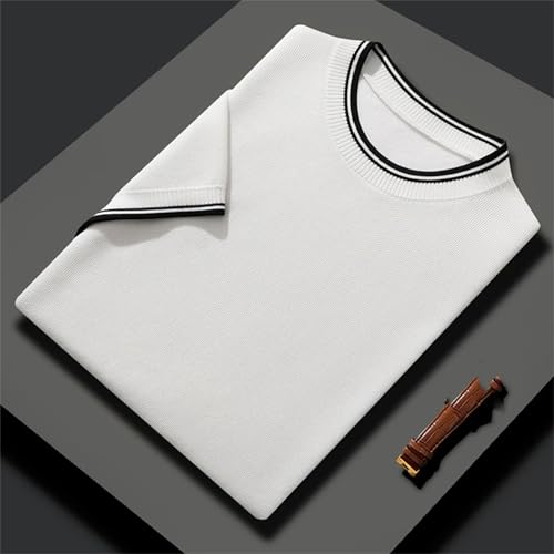 Men's Round Neck Short Sleeve Sweater Silk Fabric Knitwear Solid Color Spliced Loose Size Business Casual Top4