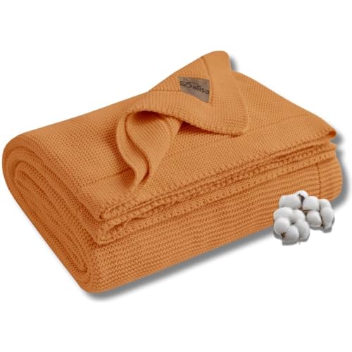 Dalisa Manta de punto de algodón orgánico con certificado GOTS, suave y acogedora, prelavada, perfecta para sofá, cama y decoración, lavable a máquina (oro azafrán, 203 x 228 cm)