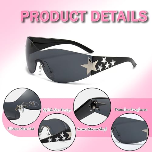 3 Pcs Y2K Sunglasses for Women Men, Trendy Shield Wrap Around Sun Glasses, Rimless Star Sunglasses Oversized Glasses Shades for Camping Cycling Driving Shopping Outdoor3