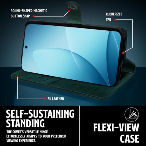 Image of WOW IMAGINE Shock Proof Flip Cover Back Case for Oppo F33 Pro 5G (Magnetic Button Flip Case | Wallet Pockets & Stand | Leather Finish | Forest Green)
