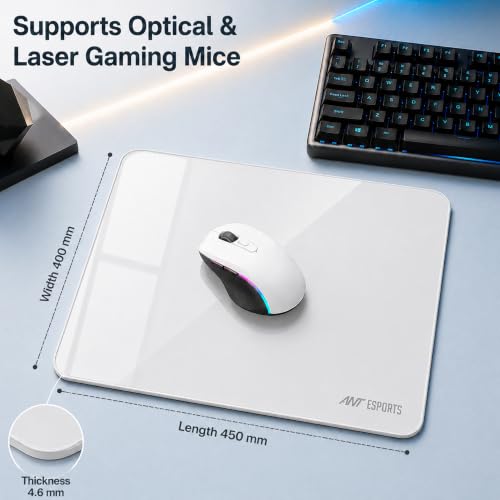 Image of Ant Esports Glass Mouse Pad 400 x 450 x 4.6mm, Premium Tempered Glass Gaming Mousepad, Ultra-Smooth Surface, Precision Tracking, Anti-Skid Base, Optical & Laser Mouse Compatible, White
