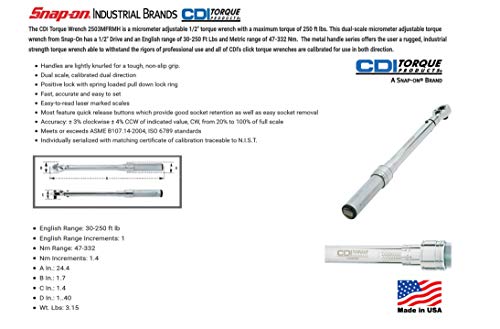 Cdi Torque Products A Snap-On Company 1/2" Drive 30-250 Ft Lbs / 47-332 Nm Dual Scale Micrometer Adjustable Metal Handle Torque Wrench Individually Serialized With Matching Certificate Of Calibration #TOP1