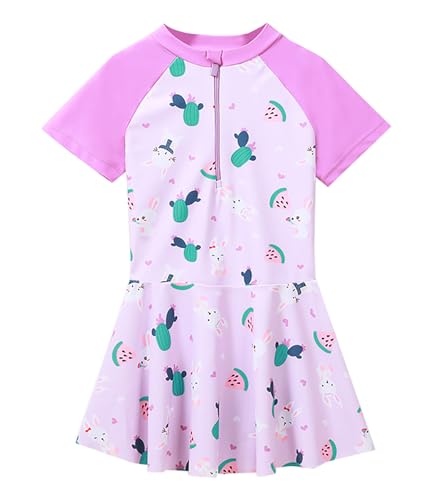 Image of Girls Swimsuit Girls One Piece Skirted Swimsuit Short Sleeve Floral Rash Guard Bathing Suit Swim Dress Swimwear