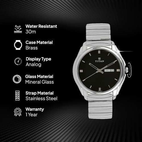 Titan Quartz Analog with Day and Date Black Dial Stainless Steel Strap Watch for Men-NS1578SM04 - Image 4