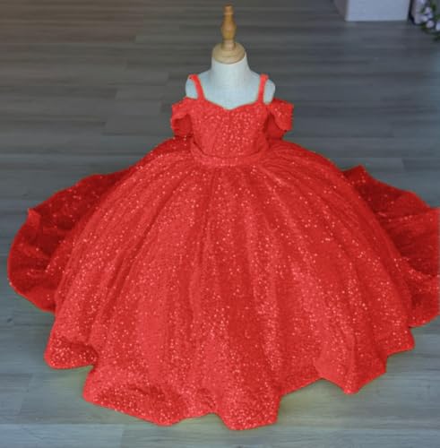 Puffy Bow Flower Girl Dress with Train Sparkly Sequin Formal Ball Gown V Neck Pageant Dresses for Little Girls2