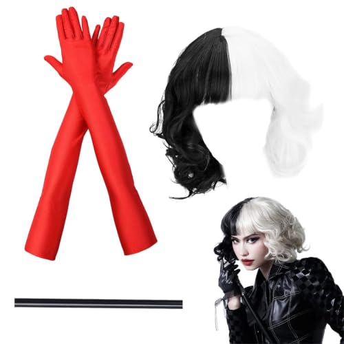 VIKSAUN 3 Pieces Women Black White Cosplay Wigs with 1920s Long Red Gloves and Holder Halloween Carnival Costume Vintage Fancy Dress Short Bob Party Wig(3 pcs) (VIKSAUN-hbdftz)