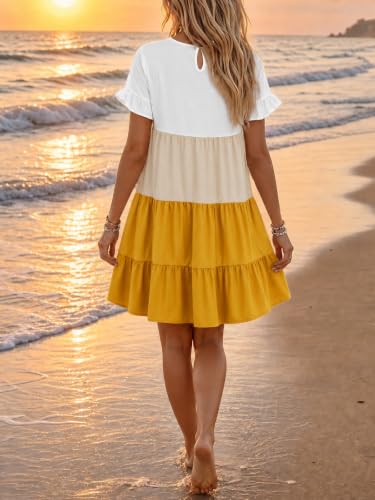 Image of Imysty Womens Boho Floral Ruffle Sleeve Babydoll Loose Flowy Casual Summer Pleated Mini Dress