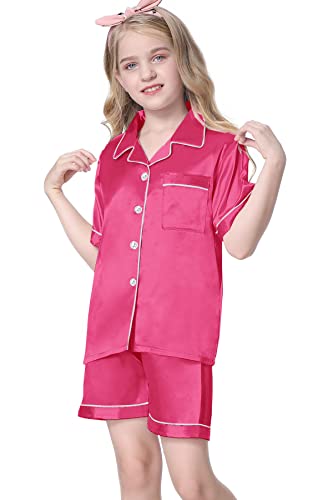Image of Umeyda Women & Girls Pajamas Set, Soft Satin Lightweight Silk Button-Down Top with Shorts 2 Piece PJS for Mom Boys Kids Gifts