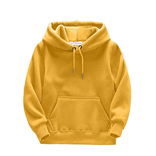 Kids Hooded Pullover Shirt Boys Girls Solid Long Sleeve Thickened Sweatshirt Warm Loose Sweaters (Yellow, 5-6 Years)