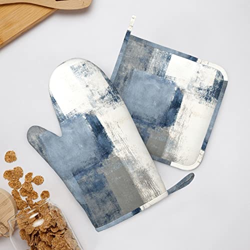 Oven Mitts Pot Holders Set Gray Blue Modern Art Silicone Kitchen Gloves Potholders Heat Resistant For Chef Baking Cooking Grilling Bbq 4 Pack Mitt #TOP5
