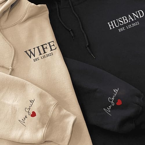 Custom Embroidered Wife & Husband Sweatshirt Hoodies, Personalized Couple Names On Sleeve With Heart, Custom Anniversary Date, Gifts For Couples, Gifts For Wife, Husband, Bride Sweatshirt2