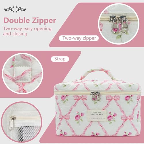 Image of Lyrovo Makeup Organizer Cosmetic Bag Quilted Large Floral Make Up Organize Set for Women Flower Travel Toiletry Bag (Pink-Bow)