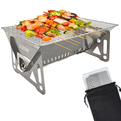 Portable Fire Pit for Camping Small Barbecue Grill Stainless Steel Charcoal Grill with Carrying Bag Mini Tabletop BBQ for Picnic Garden Backyard Terrace Camping Patio Travel